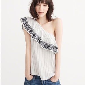 A&F one shoulder striped blouse with floral embroidery